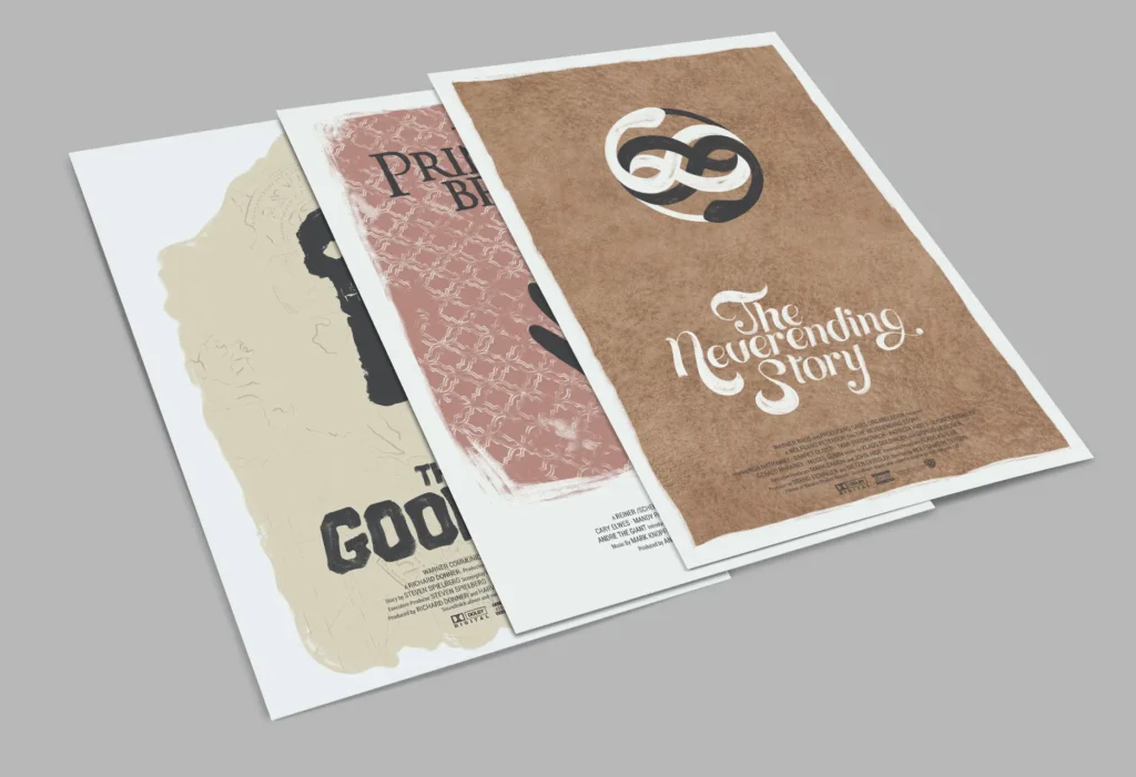 Serie de tres carteles cinematográficos sobre películas de género fantástico y de aventuras de los años 80: The Neverending Story, The Goonies y The Princess Bride.